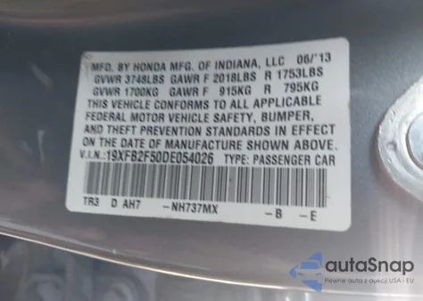 2013 Honda Civic Lx z USA, uszkodzony, nr VIN 19XFB2F50DE054026